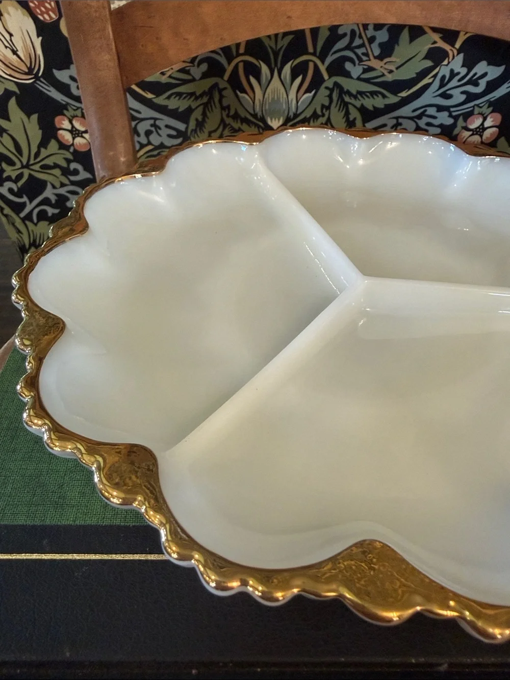 Anchor Hocking Milk Glass Divided Relish Dish 22k Gold Trim Scalloped Edge